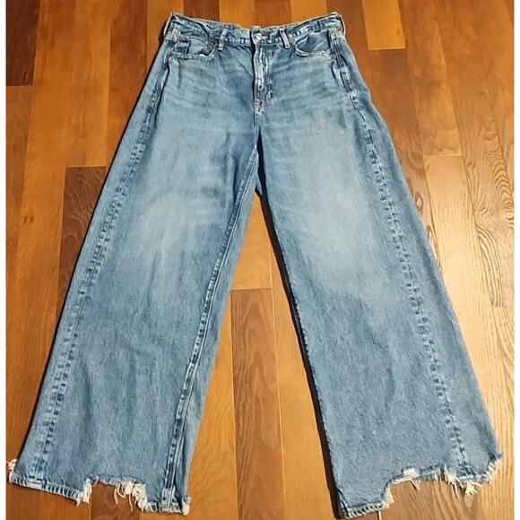 American Eagle Outfitters Denim - American Eagle Women's 10 Super High Rise Baggy Wide Leg Jeans raw edge frayed